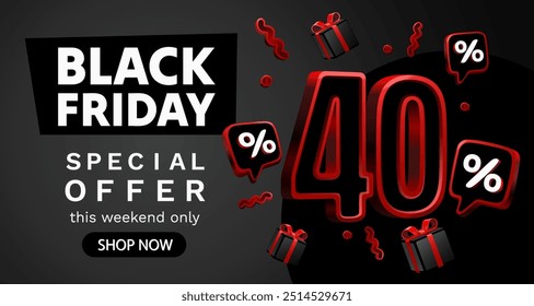 Black Friday 40 por ciento, oferta especial, flyer de descuento. Ilustración vectorial