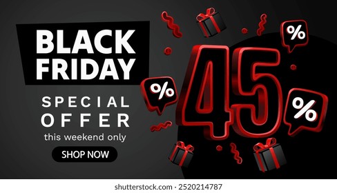 Black Friday 45 Prozent, Sonderangebot, Rabattflieger. Vektorgrafik