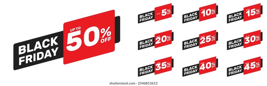 Black Friday hasta 5 10 15 20 25 30 35 40 45 50 por ciento de descuento, Anuncio publicitario de Vector o colección de descuento de temporada