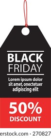 Black Friday 50% de descuento Hang Tag Bold Black and Red Ilustración vectorial de etiqueta de venta