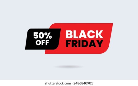 Black Friday 50% Rabatt auf Banner-Vorlage-Design mit weißem Hintergrund, perfekt für die Förderung von riesigen Rabatten und die Anziehung von Kunden. Rote und schwarze Formen