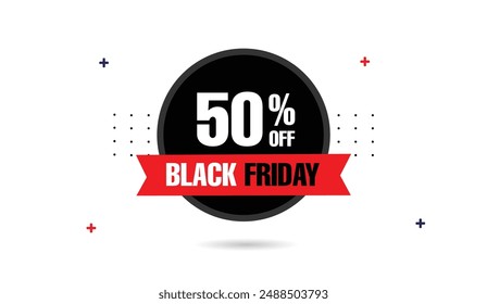 Black Friday 50% de descuento en diseño de Plantilla de Anuncio con fondo blanco y Formas negras y rojas, perfecto para llamativas promociones de ventas y descuentos