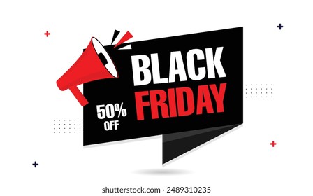 Black Friday 50% de descuento en diseño de Plantilla de Anuncio con fondo blanco y Formas negras y rojas, perfecto para promocionar ventas de vacaciones y descuentos especiales