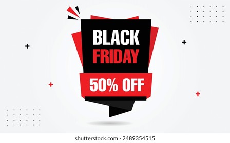 Black Friday 50% off banner template design with white background and black and red shapes, perfect for eye catching holiday sale promotions