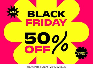 Black Friday 50% off banner template design. Fifty percent off. Super sale. Sale. Pink and yellow design. Holiday promotions and discounts. Design template. Vector illustration.