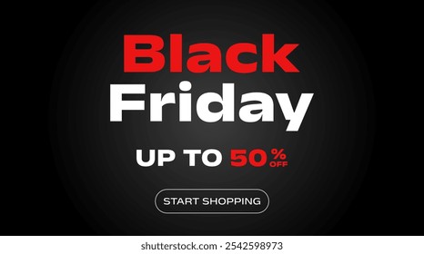 Black Friday 50% off banner template design. Fifty percent off. Super sale. Sale. Red and black design. Holiday promotions and discounts. Design template. Vector illustration.