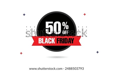 Black Friday 50% off banner template design with white background and black and red shapes, perfect for eye-catching sales promotions and discounts