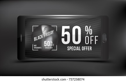 Black Friday 50% off discount. Concept advertising poster super sale of with smartphone on a dark background. Vector illustration EPS 10