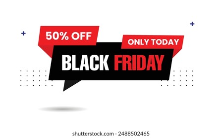 Black Friday 50% RABATT nur heute Banner Vorlage Design mit weißem Hintergrund und schwarzen und roten Formen, ideal für zeitlich begrenzte Verkaufsaktionen