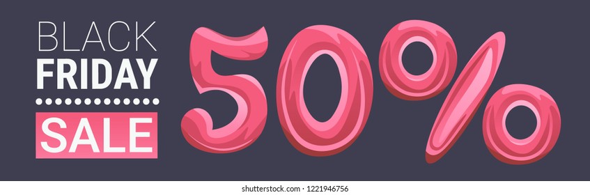 black friday 50% off sale special offer poster shopping discount price holiday promotion concept flat horizontal vector illustration