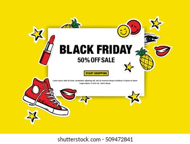 Black Friday 50% Off Sale Start Shopping Poster with Fashion Patch Badges on Yellow Background. Vector illustration.

