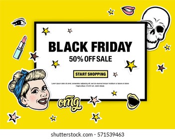 Black Friday 50% Off Sale Start Shopping Poster with 
smiley face, skull, lips and other elements on Yellow Background. Vector illustration. 