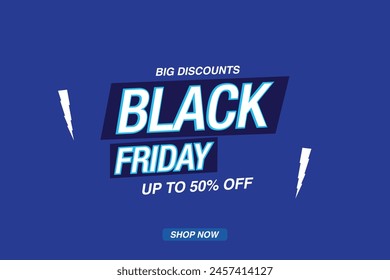 Black friday 50 % off shop now with sale elements and blue background.
