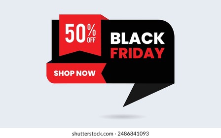 Black Friday 50% off shop now banner template design with white background, perfect for boosting holiday sales and attracting customers with a clean, eye catching look.