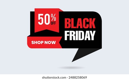 Black Friday 50% OFF shop now banner template design with white background and black and white shapes, perfect for seasonal promotions and holiday sales.