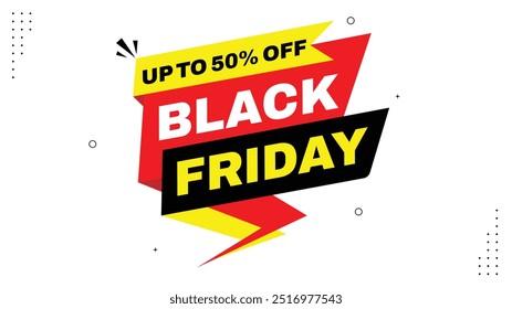 Black Friday Up to 50% Off Shop Now Discount Price Banner Template with Red Yellow and Black Shapes Elements on White Background Grab the Best Deals and Save Big with Our Limited Time Offers