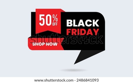 Black Friday 50% off shop now banner template design with white background, perfect for boosting holiday sales and attracting customers with a clean, eye catching look.