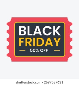 Viernes negro 50 fuera de la insignia del estilo del boleto con el borde rojo y los acentos amarillos, aislados en el fondo blanco
