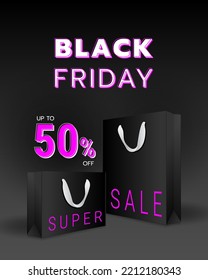 Black Friday 50 percent off super sale banner template with black shopping bag objects on dark background. Violet and white text lettering. Realistic vector illustration.