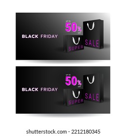 Black Friday 50 percent off super sale banner template with black shopping bag objects on dark background. Violet and white text lettering. Realistic vector illustration.