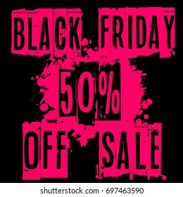 Black Friday 50% sale vector banner, decoration, poster, flyer, label, vintage design. Black Friday 2017 Sale label, tag concept. Red discount card for Black Friday with grunge black background. 
