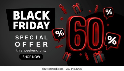 Black Friday 60 por cento, oferta especial, folheto de desconto. Ilustração vetorial