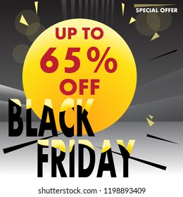 Black Friday. Up to 65% off on a black background. Vector creative  template for shops, web. 