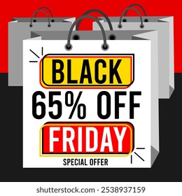 Black Friday 65% off sixty five percent off 65%off special offer Black and red background Letters numbers drawings bags white bags black red yellow gray shadows friday.eps