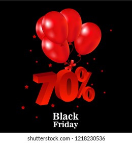 black Friday, 70% discount, red balloons, 3D vector