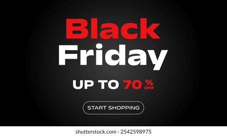 Black Friday 70% off banner template design. Seventy percent off. Super sale. Sale. Red and black design. Holiday promotions and discounts. Design template. Vector illustration.