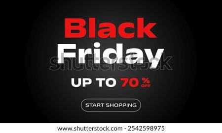 Black Friday 70% off banner template design. Seventy percent off. Super sale. Sale. Red and black design. Holiday promotions and discounts. Design template. Vector illustration.