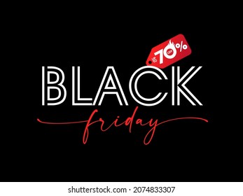 Black Friday, up to 70% off discount label banner. Special offer typography text, red tag for hot sale design. Autumn promotion sticker, vector illustration