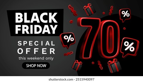 Black Friday 70 por cento, oferta especial, folheto de desconto. Ilustração vetorial