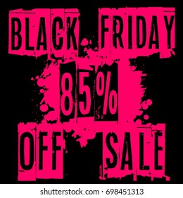 Black Friday 85% sale vector banner, decoration, poster, flyer, label, vintage design. Black Friday Sale label, tag concept. Red discount card for Black Friday with grunge black background. 85% off 