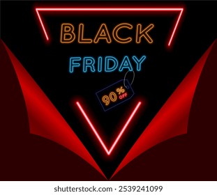 Black Friday 90 por cento. oferta especial. flyer desconto. estilo neon. Ilustração vetorial.