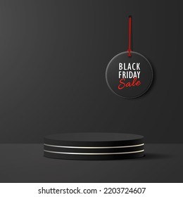 Black Friday. Abstract 3D podium with golden lines and round sale tag.