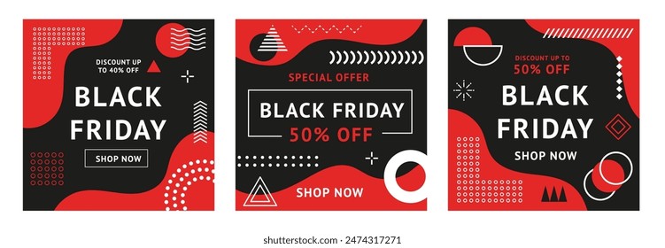 Black friday abstract memphis banners with geometric pattern. Vector promotional sale cards in black and red colors announcing discount and price off deals, store and shop retail promo ad templates