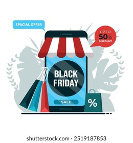 Anuncio abstracto del Web de la promoción del viernes negro para el móvil de las redes sociales. Ilustración vectorial.