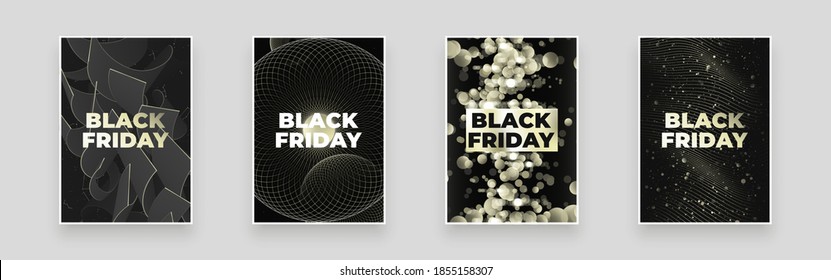 Black Friday. Abstract set Placards, Posters, Flyers, Banner Designs. Cosmic gray gold 3d form, Golden bokeh, glitter, sparkles and wavy lines. Linear ornaments. Outline circles.