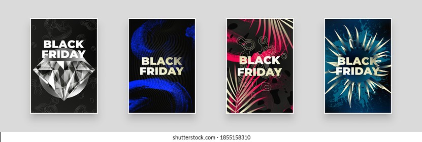 Black Friday. Abstract set Placards, Posters, Flyers, Banner Designs. Neon hand drawn spots, golden lines, Blue gold leaves, dypsis lutescens leaves,  Silver diamond and map texture.