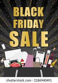 Black Friday ad template with shopping bag and various goods