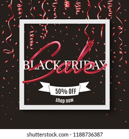 Black friday advertisement banner festive red confetti and interlaced text design, vector illustration