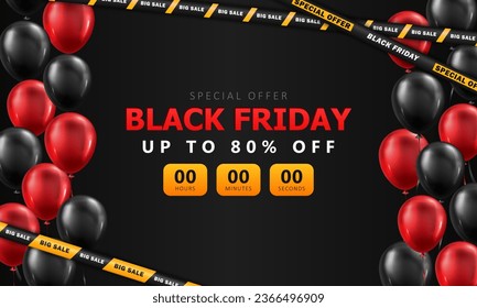 Black Friday advertisement banner with sale countdown, 3d black glossy balloons and crossed barrier tapes. Promotional poster, dark wallpaper with discount timer for online shopping