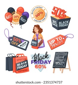 Black Friday advertisement elements vector illustrations set. Drawings of shopping bags, balloons, price tags with discount symbols, shopper character. Black Friday, shopping, sale concept