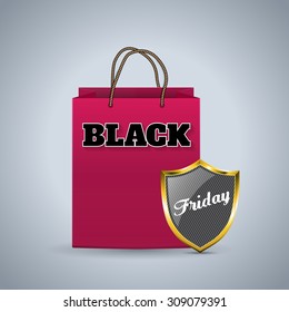 Black friday advertising background design with pink shopping bag and black shield badge