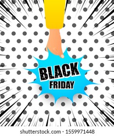 Black Friday advertising bright concept with hand holding speech bubble with inscription on dotted and rays background. Vector illustration