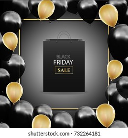 Black Friday Advertising Poster with Balloons and shopping bag on black Background . Vector illustration.