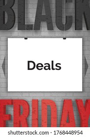Black Friday advertising realistic vector web banner template. Sale announcement on hanging white poster illustration. Low prices promo poster layout with black and red typography