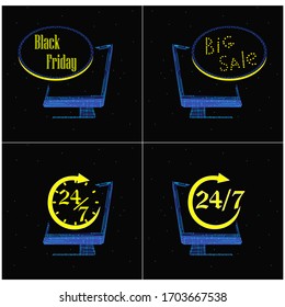 Black Friday advertising, sales and around-the-clock work. Image of a computer against the background of space.