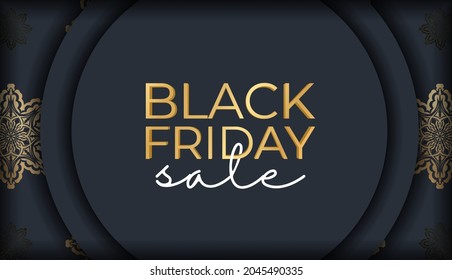 Black Friday advertising template in dark blue color with vintage gold pattern